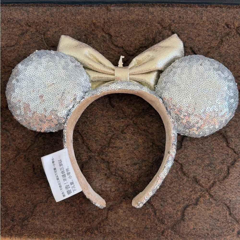 Disney Silver Sequin Ear Headband with Gold Bow and Castle Charm